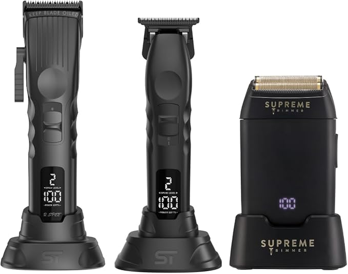 Supreme Trimmer 3-in-1 Barber Bundle | 2Spee Clipper, 2Spee Trimmer & Crunch Foil Shaver | Professional Beard Trimmer Men’s Hair Clipper Kit | (Black)