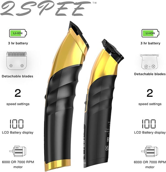 Supreme Trimmer 2-in-1 2Spee Beard Trimmer & Hair Clipper Combo | Removable Blades, 2 Speeds, LCD Display | Cordless Professional Barber Tools - Easy Color Coded Clipper Guide Combs | STB280 (Gold)